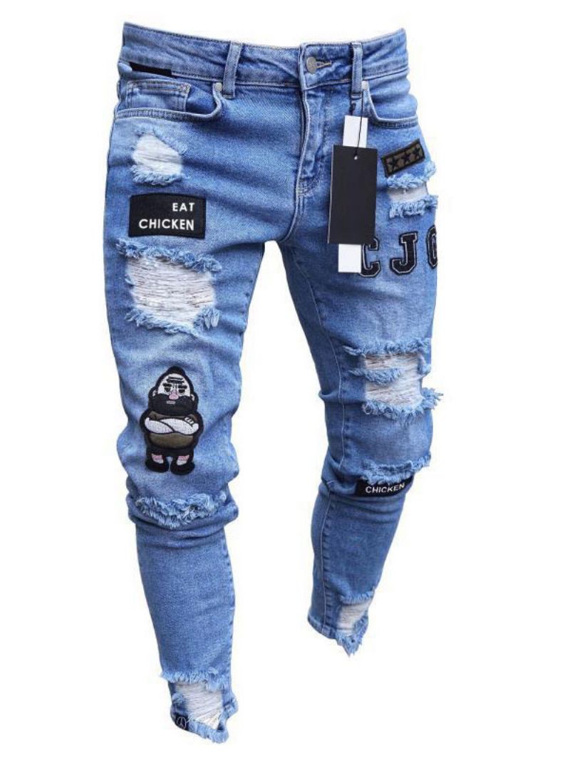 Herrejeans Herremodejeans Chic Distressed Antik Design Skinny Hvid Sort - Lys Himmelblå