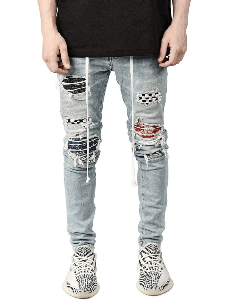 Herrejeans Herremodejeans Chic Distressed Antik Design Skinny Lys Himmelblå Sort