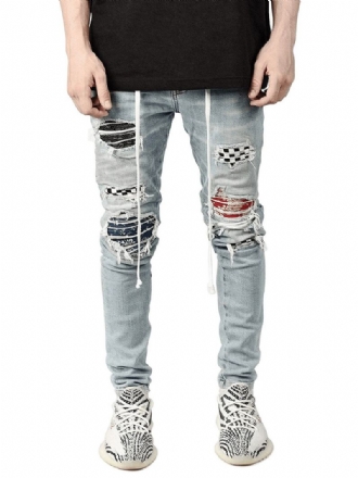 Herrejeans Herremodejeans Chic Distressed Antik Design Skinny Lys Himmelblå Sort