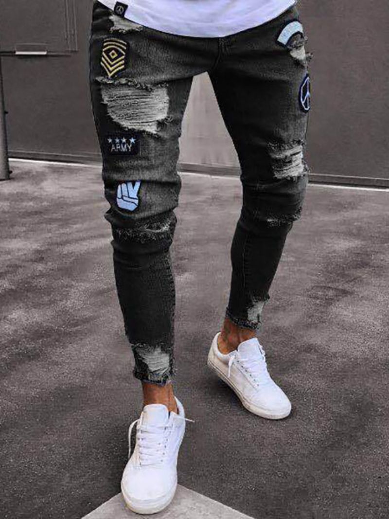 Herrejeans Jeans Til Mænd Chic Distressed Antik Design Skinny Lys Himmelblå Dybblå - Sort