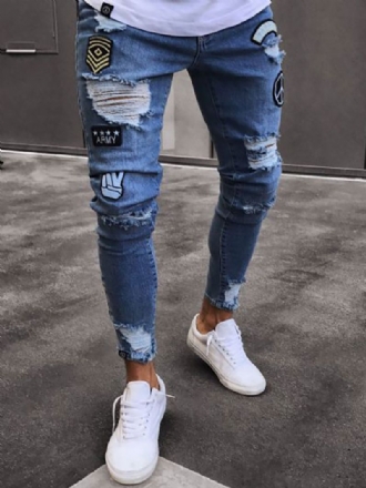 Herrejeans Jeans Til Mænd Chic Distressed Antik Design Skinny Lys Himmelblå Dybblå