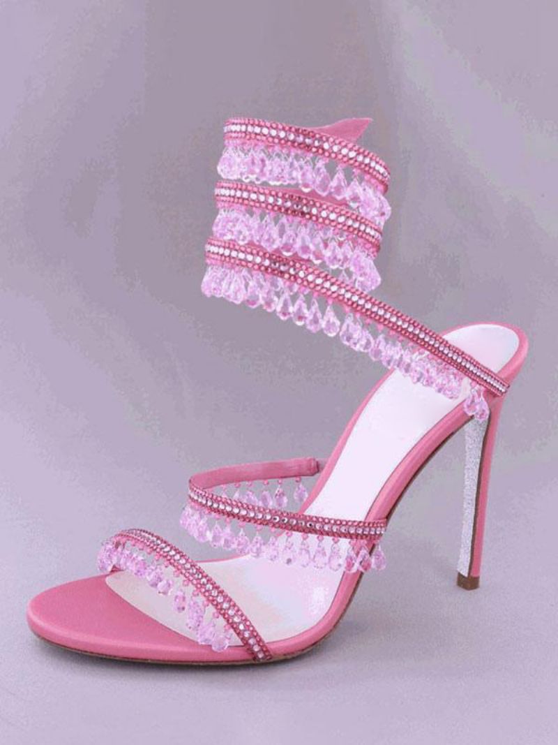 Højhælede Sandaler Damer Open Toe Rhinestones Snørebalsko - Pink