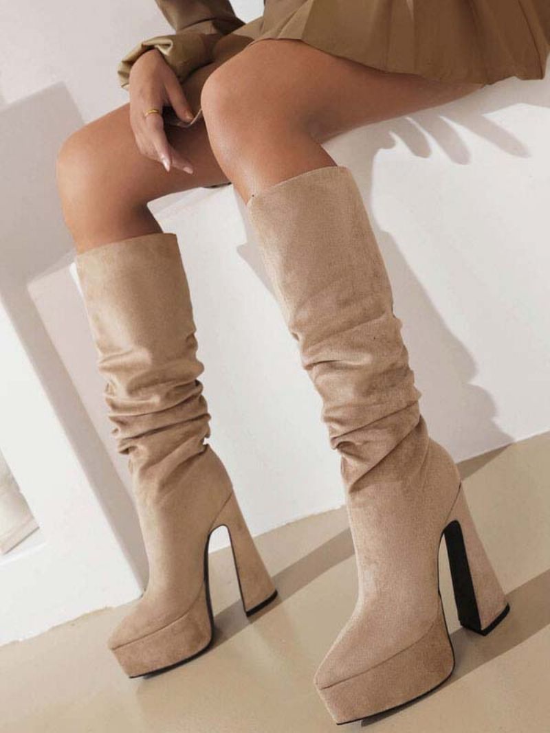 Højhælede Støvler Ruskind Platform Spidse Tå Chunky Heel Mid Calf Til Kvinder - Beige