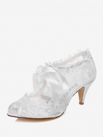 Hvide Blondebånd Peep Toe Bridal Pumps Til Kvinder