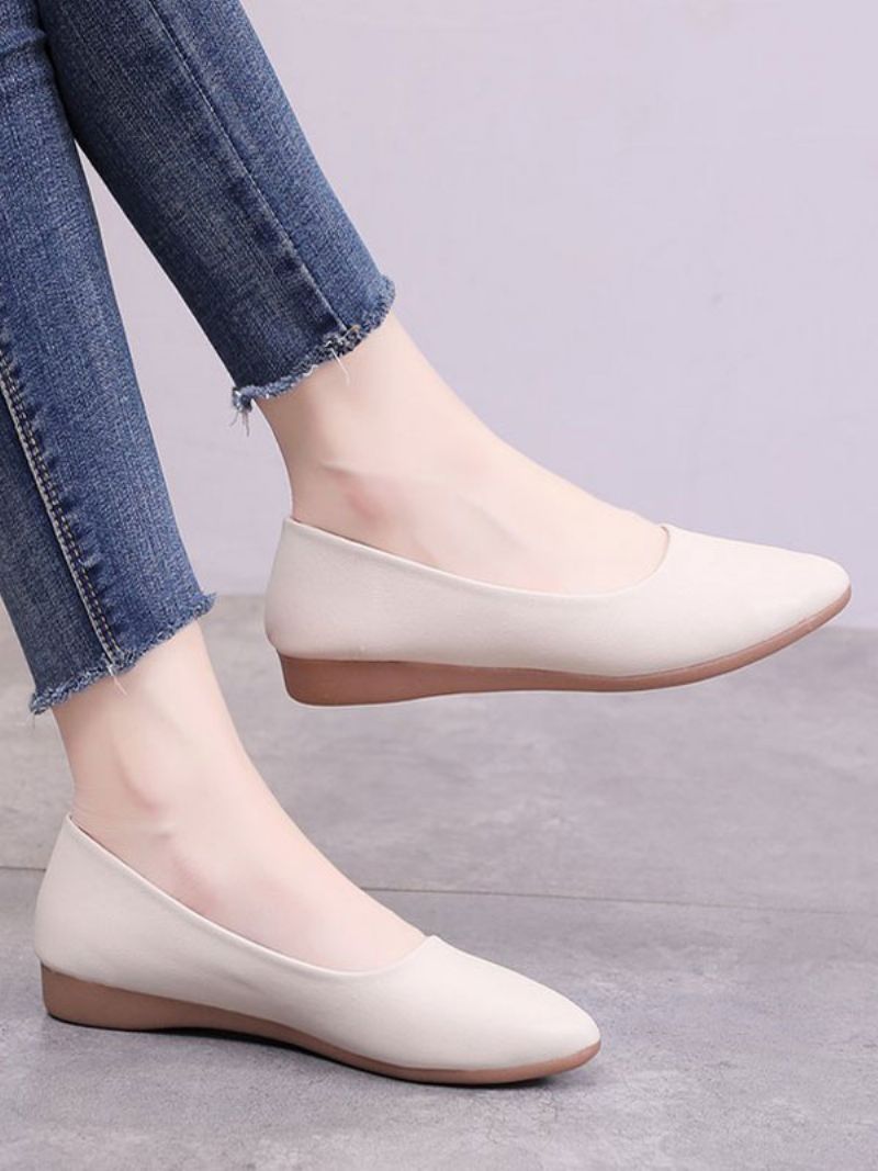 Hvide Flade Sko Til Kvinder Spidstå Slip-on Pu Læder Ballerina Flats - Beige