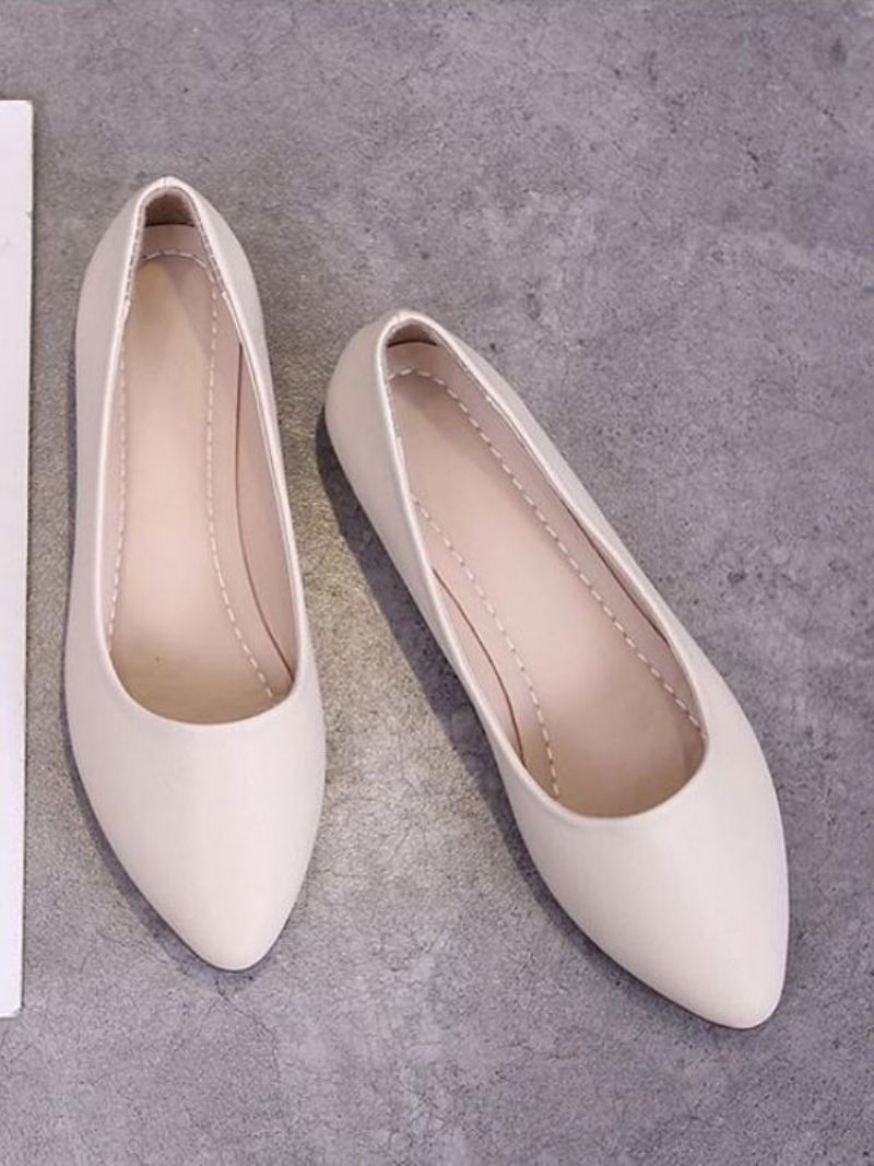 Hvide Flade Sko Til Kvinder Spidstå Slip-on Pu Læder Ballerina Flats - Beige