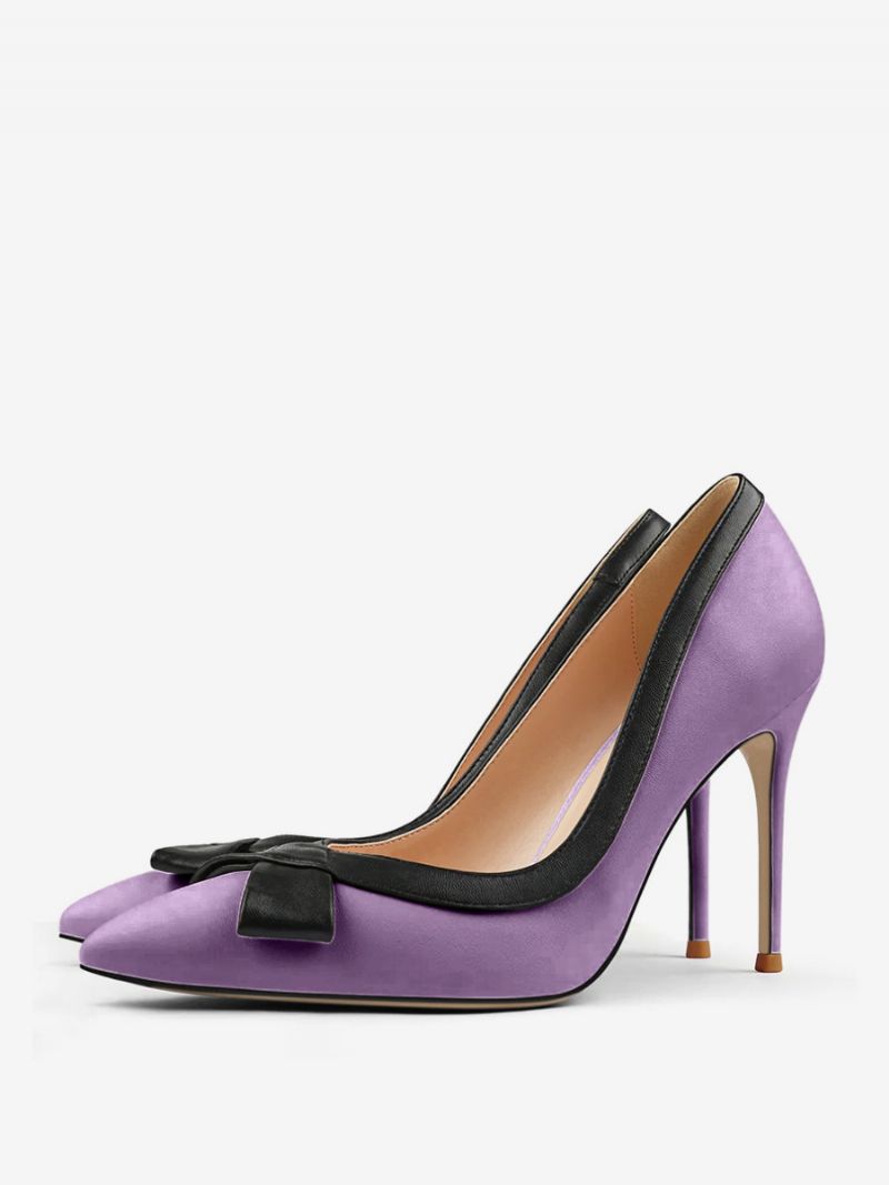 Hvide Høje Hæle Kvinder Spidstå Sløjfe Slip On Dress Sko - Violet