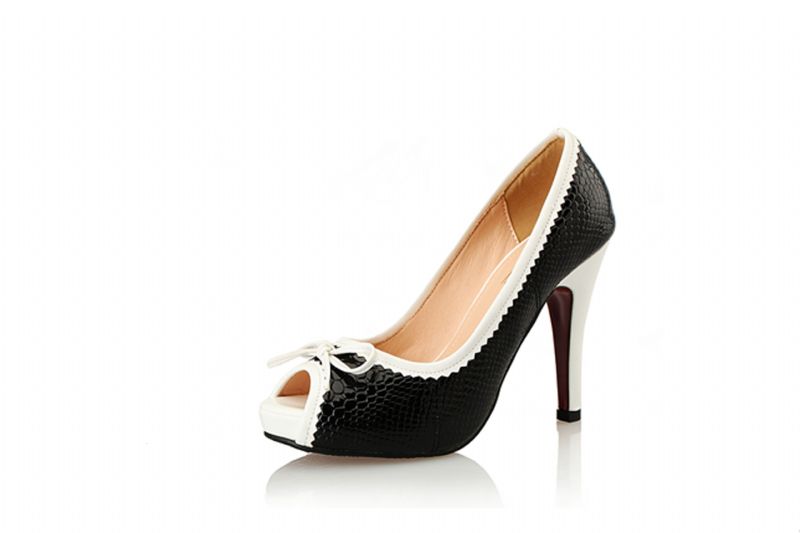 Hvide Platform Peep Toe Heels Stiletto Heel Pumps Med Sløjfe Til Kvinder - Sort