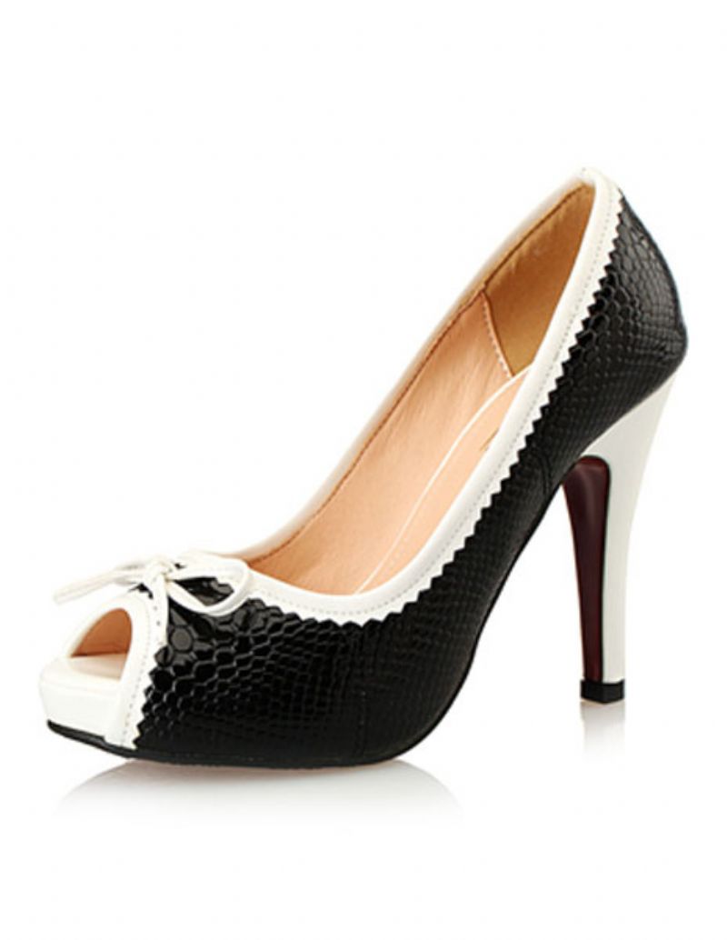 Hvide Platform Peep Toe Heels Stiletto Heel Pumps Med Sløjfe Til Kvinder - Sort