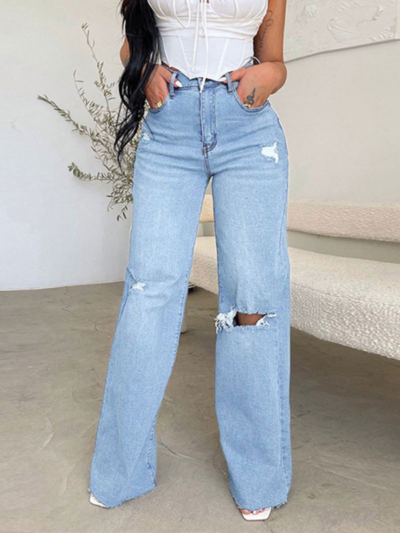 Jeans Til Damer Charmerende Distressed Straight Polyester - Lys Himmelblå