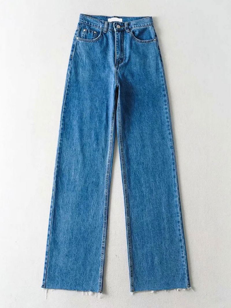 Jeans Til Kvinder Casual Lynlås Hævet Talje Knap Fly Lige Denimbukser - Blå