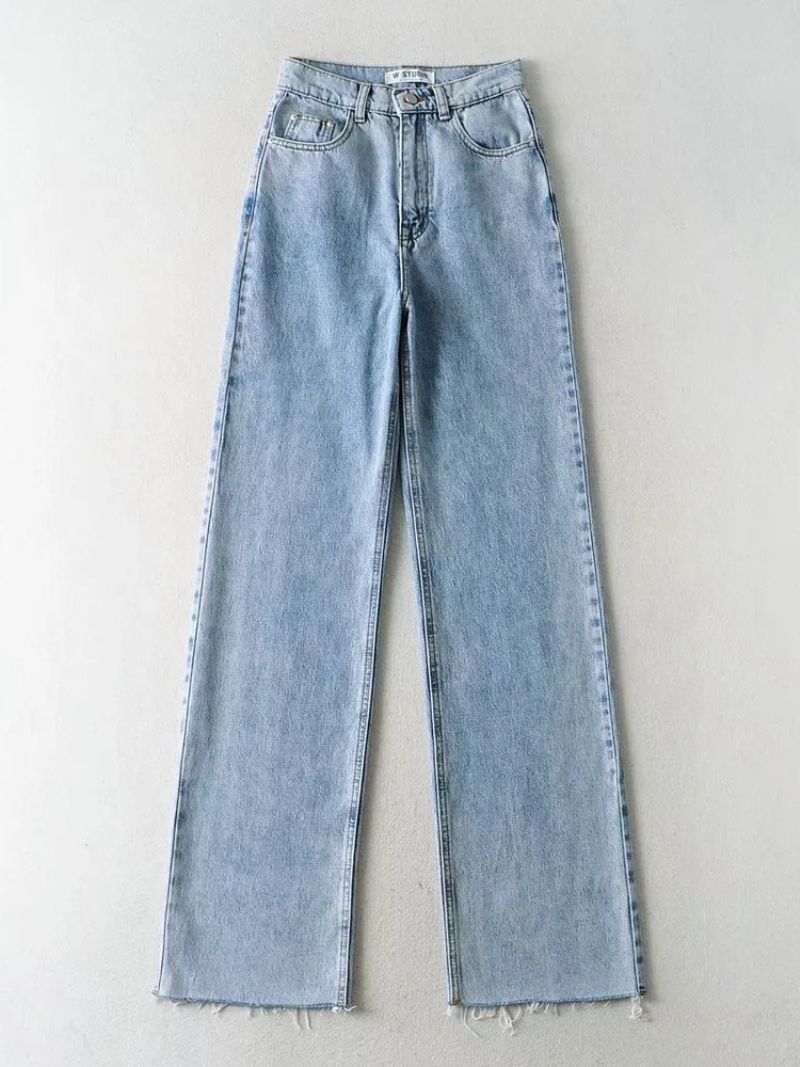 Jeans Til Kvinder Casual Lynlås Hævet Talje Knap Fly Lige Denimbukser - Babyblå