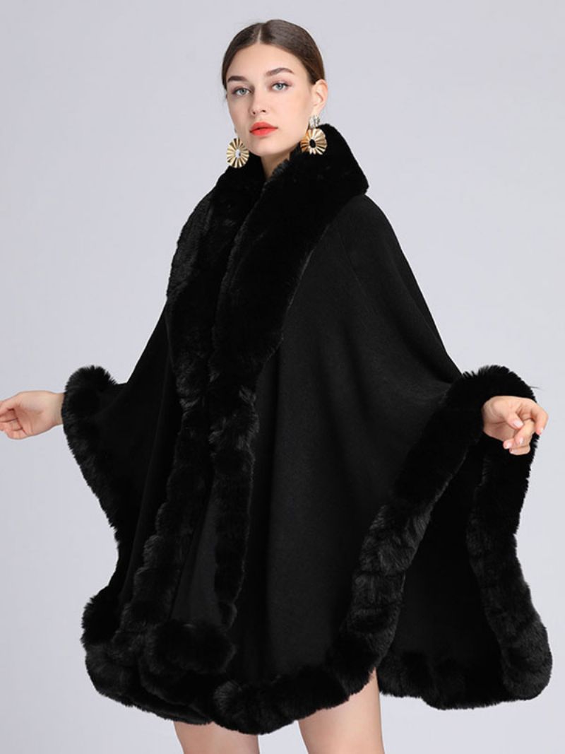 Kappe Cape Faux Fur Bride Wraps Poncho Coat Til Kvinder - Sort