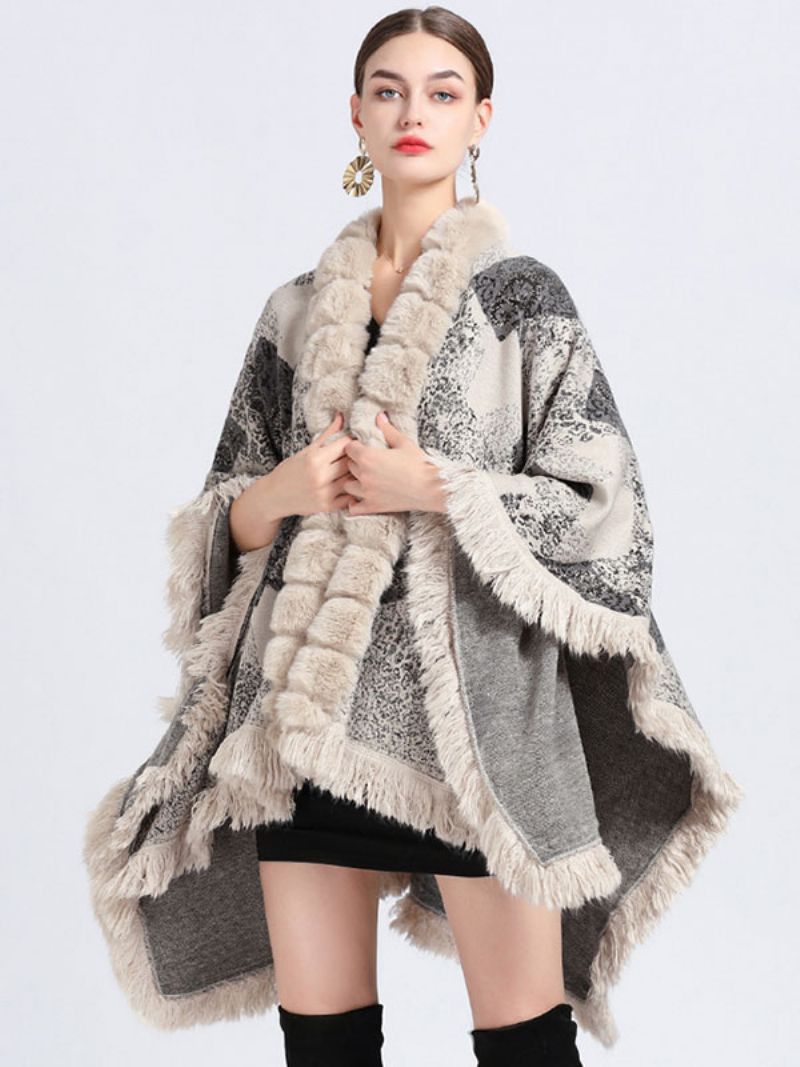 Kappe Cape Faux Fur Wraps Sjal Spring Poncho Coat Til Kvinder - Beige