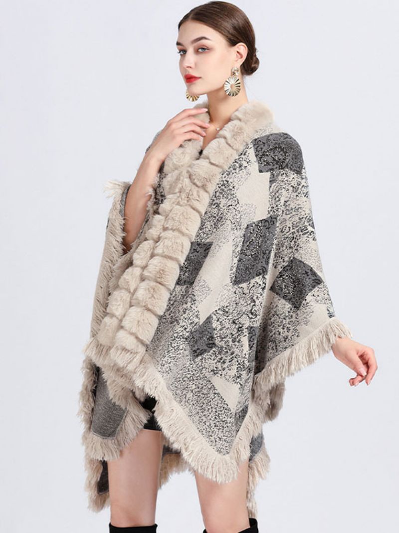 Kappe Cape Faux Fur Wraps Sjal Spring Poncho Coat Til Kvinder - Beige