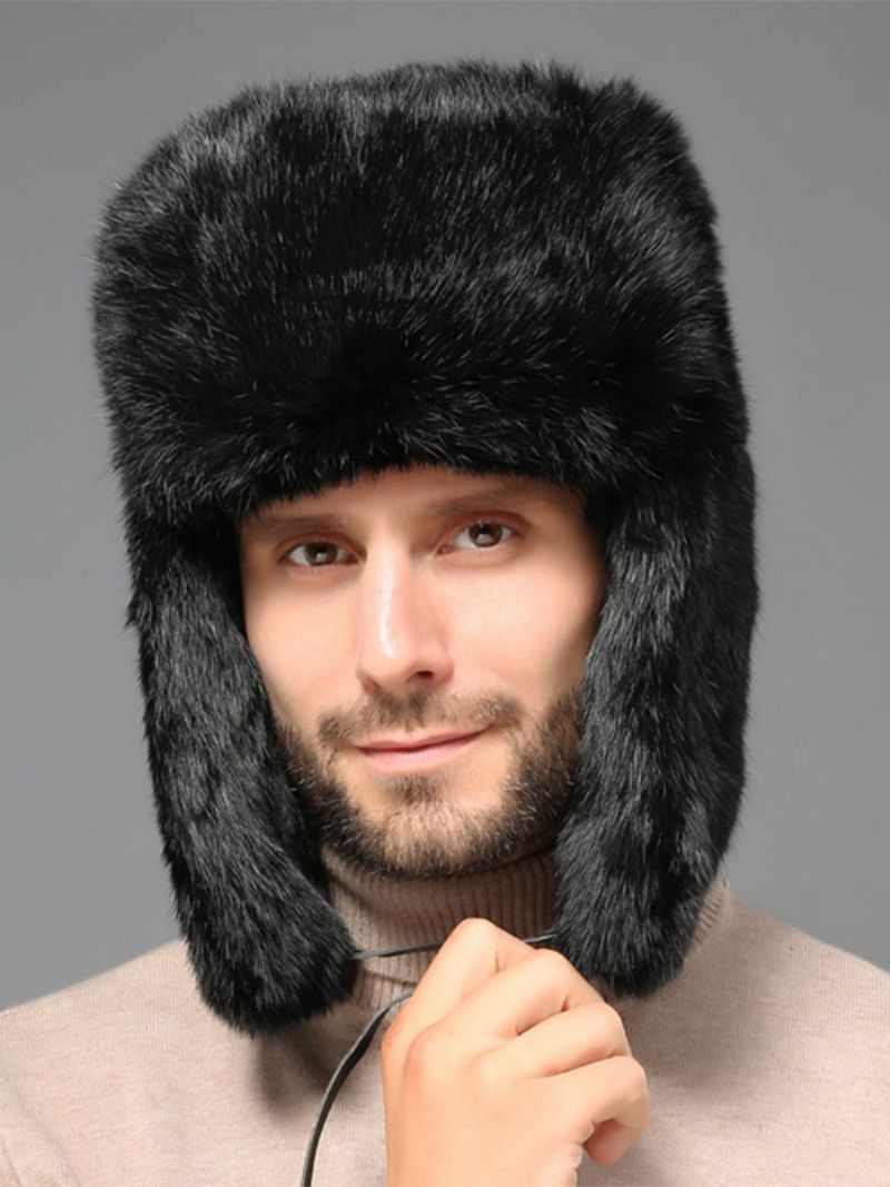 Kasketter Til Mænd Moderne Faux Fur Vinter Varme Hatte Russisk Ushanka Hat - Sort