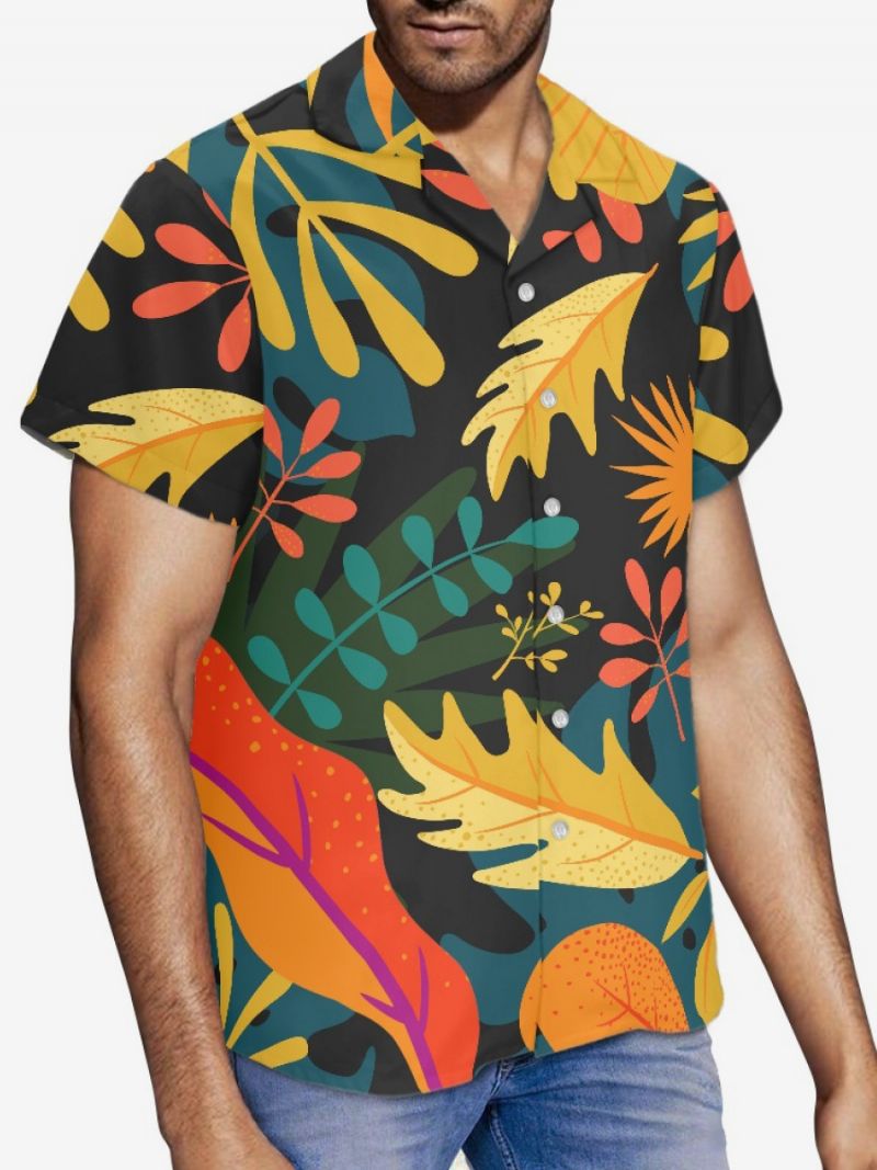 Kortærmet Hawaii-skjorte Til Mænd Tropical Printed Hawaii Vacation Top - Sort