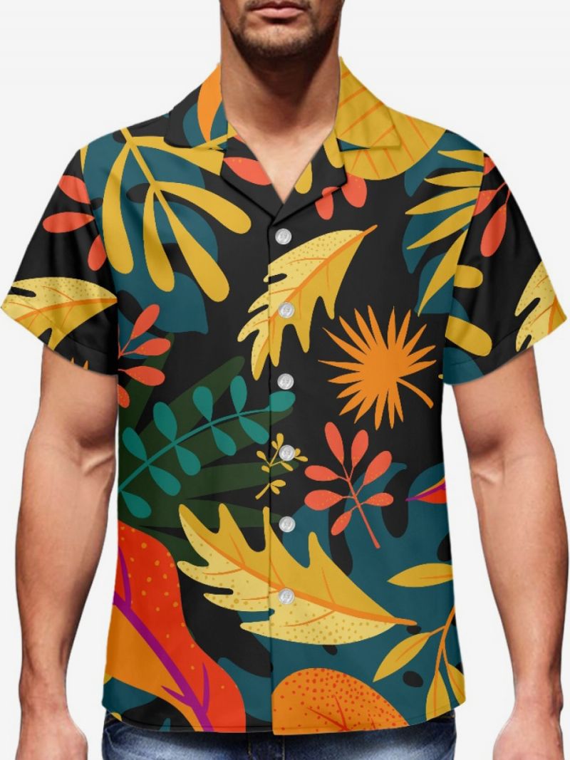 Kortærmet Hawaii-skjorte Til Mænd Tropical Printed Hawaii Vacation Top - Sort