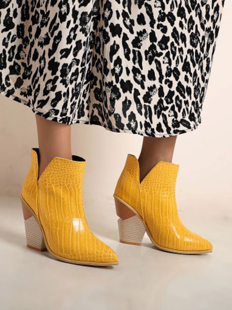 Kvinder Ankelstøvler Blå Læder Spidstå Chunky Heel Slangeskind Print Booties - Gul