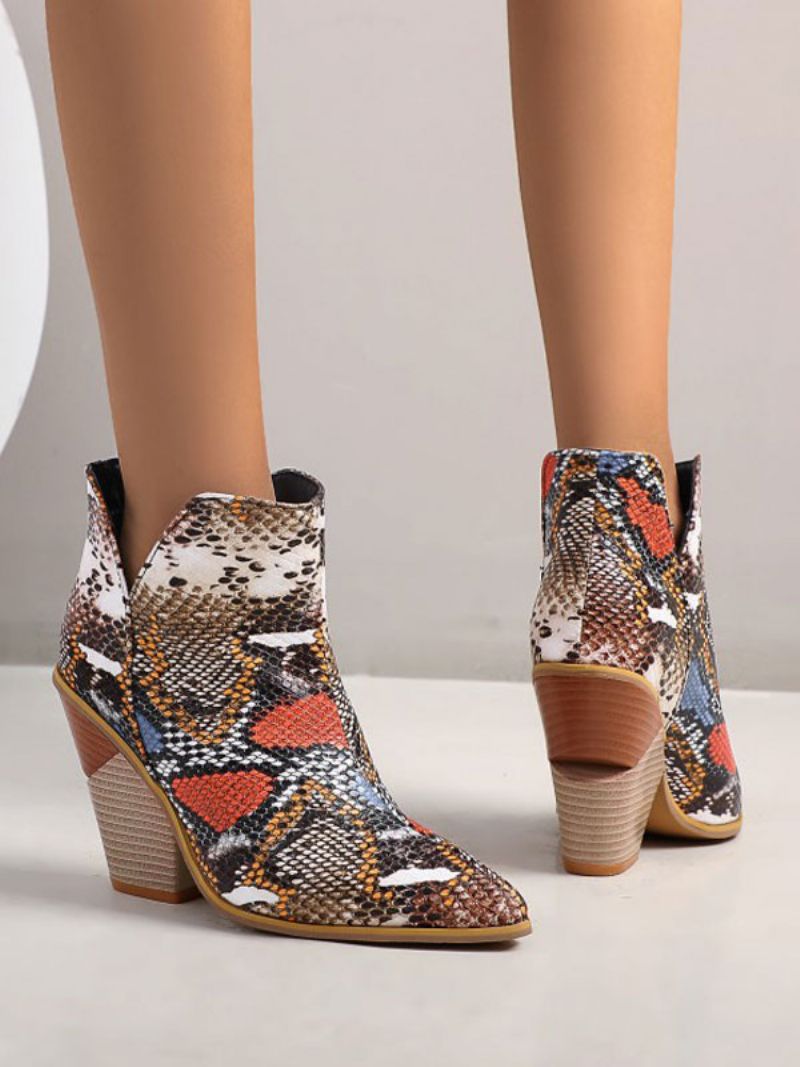 Kvinder Ankelstøvler Blå Læder Spidstå Chunky Heel Slangeskind Print Booties - Kaffe Brun