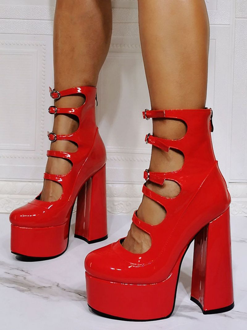 Kvinder Ankelstøvler Red Chunky Heel Platform Cut Out Buckle Detail Sandal Booties