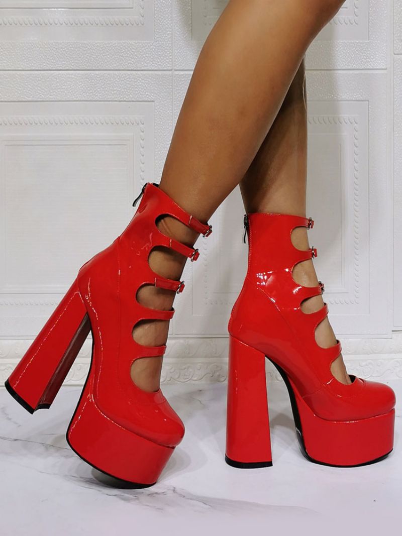 Kvinder Ankelstøvler Red Chunky Heel Platform Cut Out Buckle Detail Sandal Booties - Rød