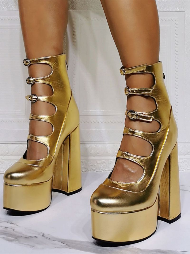 Kvinder Ankelstøvler Red Chunky Heel Platform Cut Out Buckle Detail Sandal Booties - Lys Guld