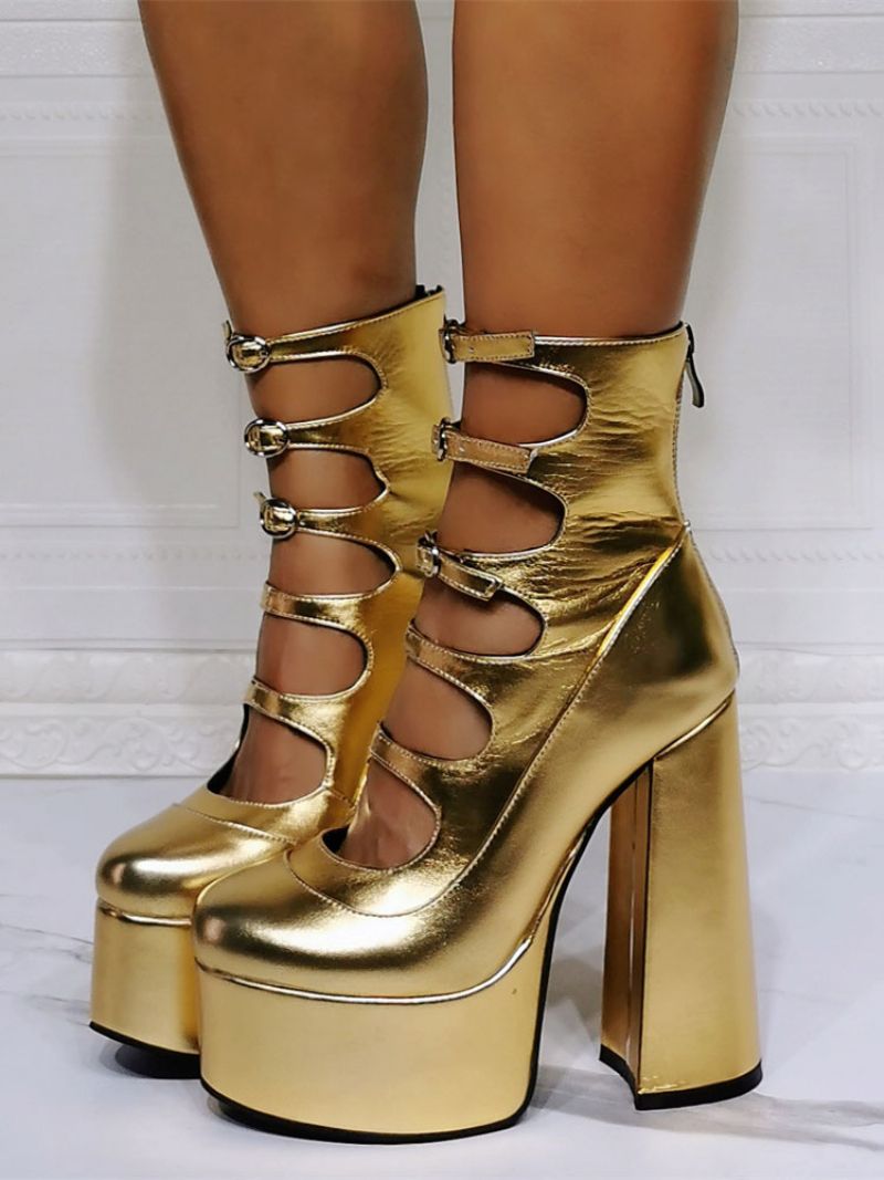 Kvinder Ankelstøvler Red Chunky Heel Platform Cut Out Buckle Detail Sandal Booties - Lys Guld