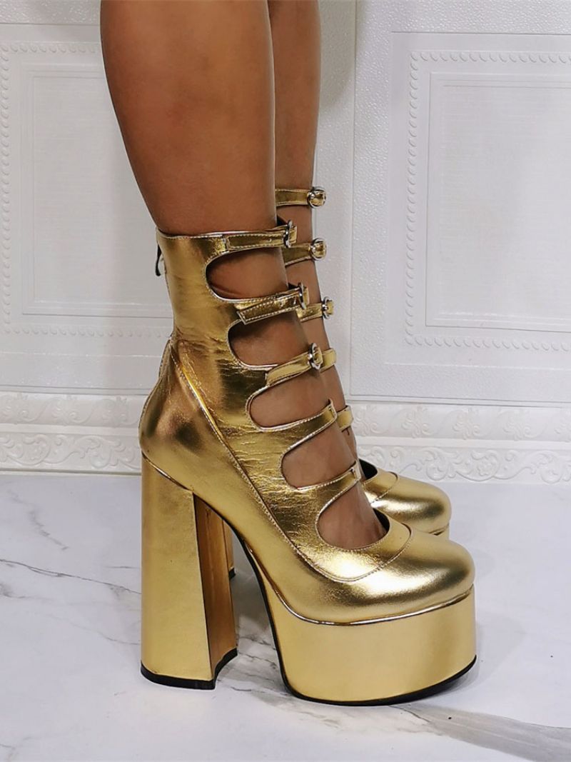 Kvinder Ankelstøvler Red Chunky Heel Platform Cut Out Buckle Detail Sandal Booties - Lys Guld