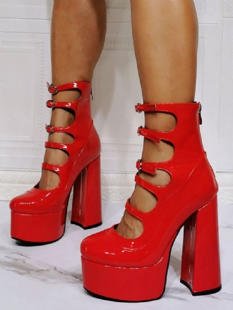 Kvinder Ankelstøvler Red Chunky Heel Platform Cut Out Buckle Detail Sandal Booties