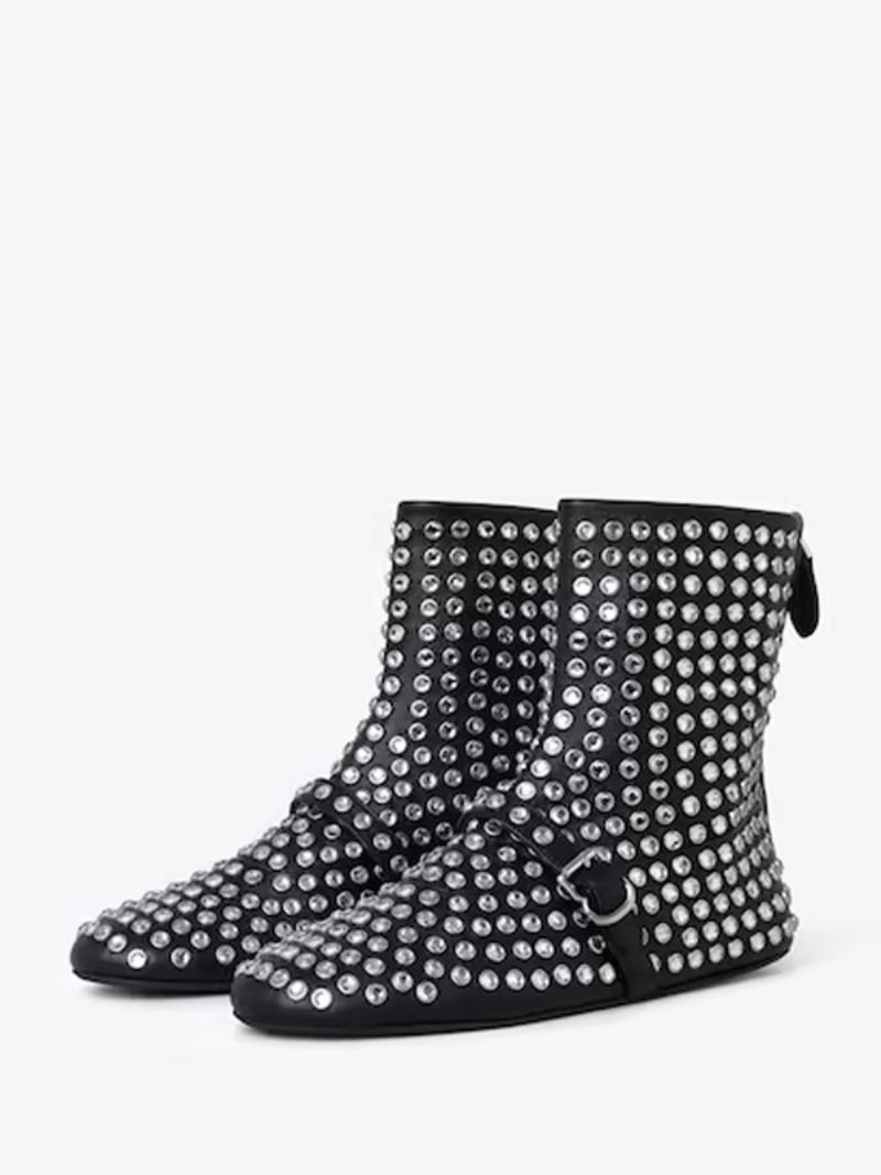 Kvinder Ankelstøvler Sort Rhinestones Booties Flade Festsko