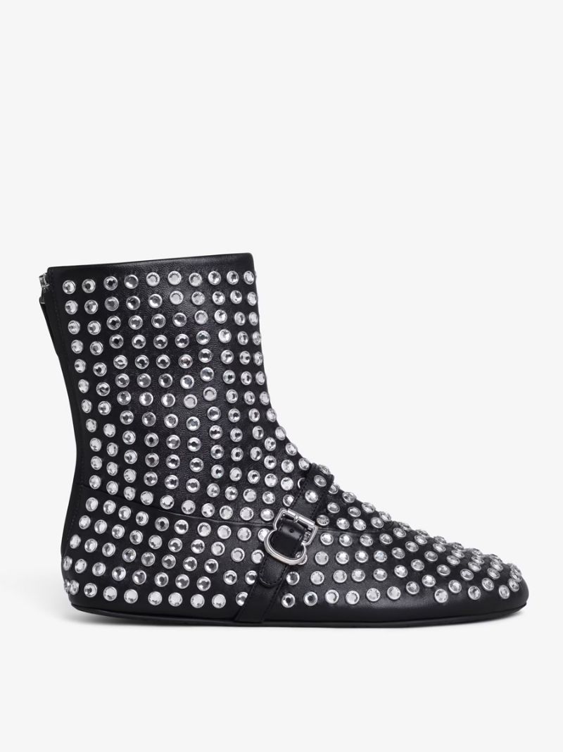 Kvinder Ankelstøvler Sort Rhinestones Booties Flade Festsko - Sort