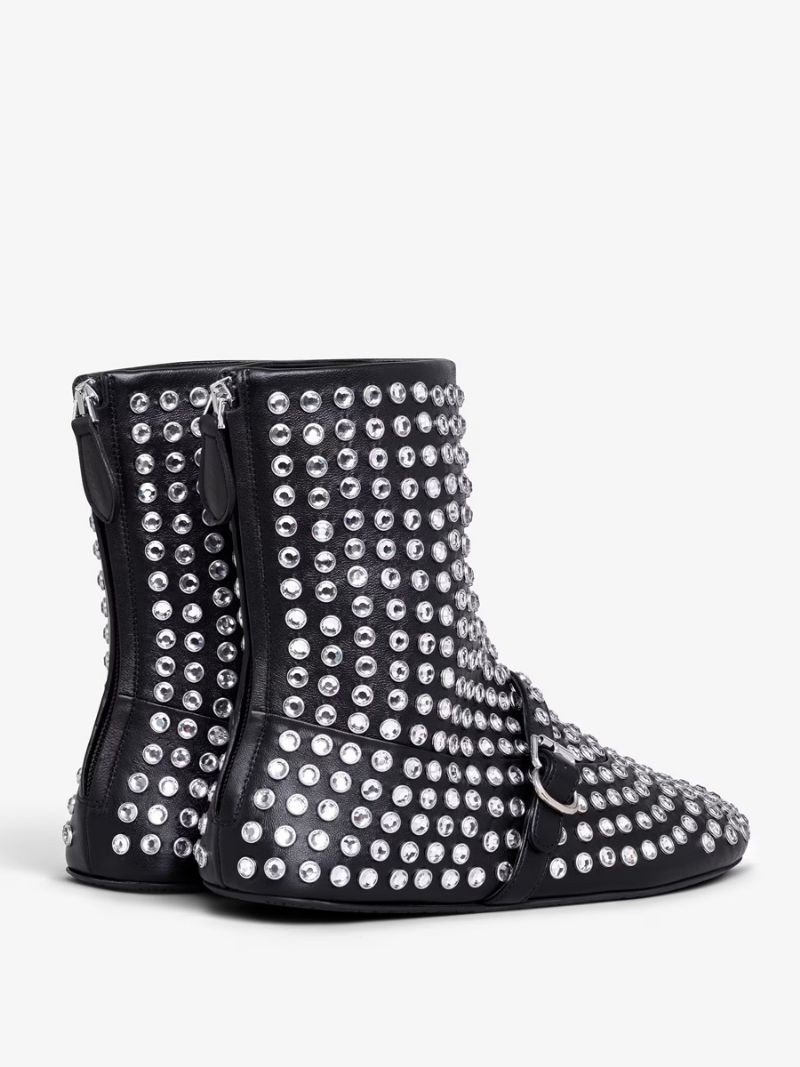 Kvinder Ankelstøvler Sort Rhinestones Booties Flade Festsko - Sort