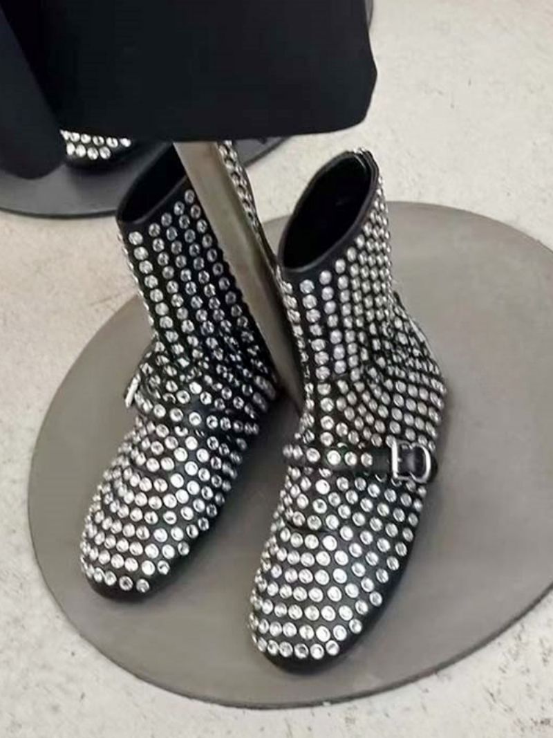 Kvinder Ankelstøvler Sort Rhinestones Booties Flade Festsko - Sort