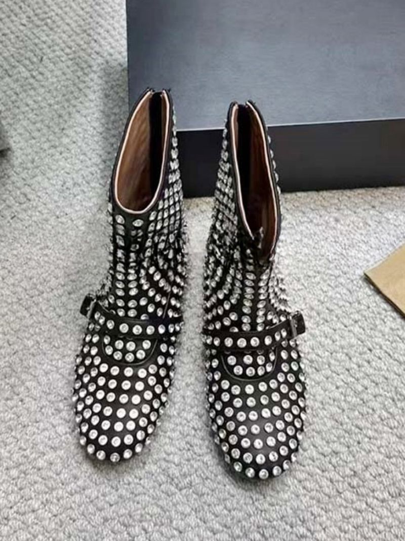 Kvinder Ankelstøvler Sort Rhinestones Booties Flade Festsko - Sort