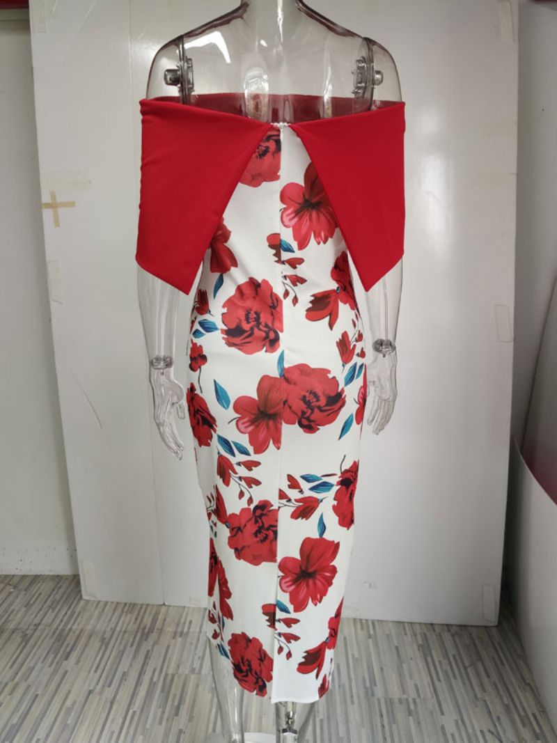 Kvinder Bodycon Kjole Blomstertryk Rød Bateau Hals Lynlås Lagdelt Sexy Kortærmede Pencil Wrap Kjoler - Rød