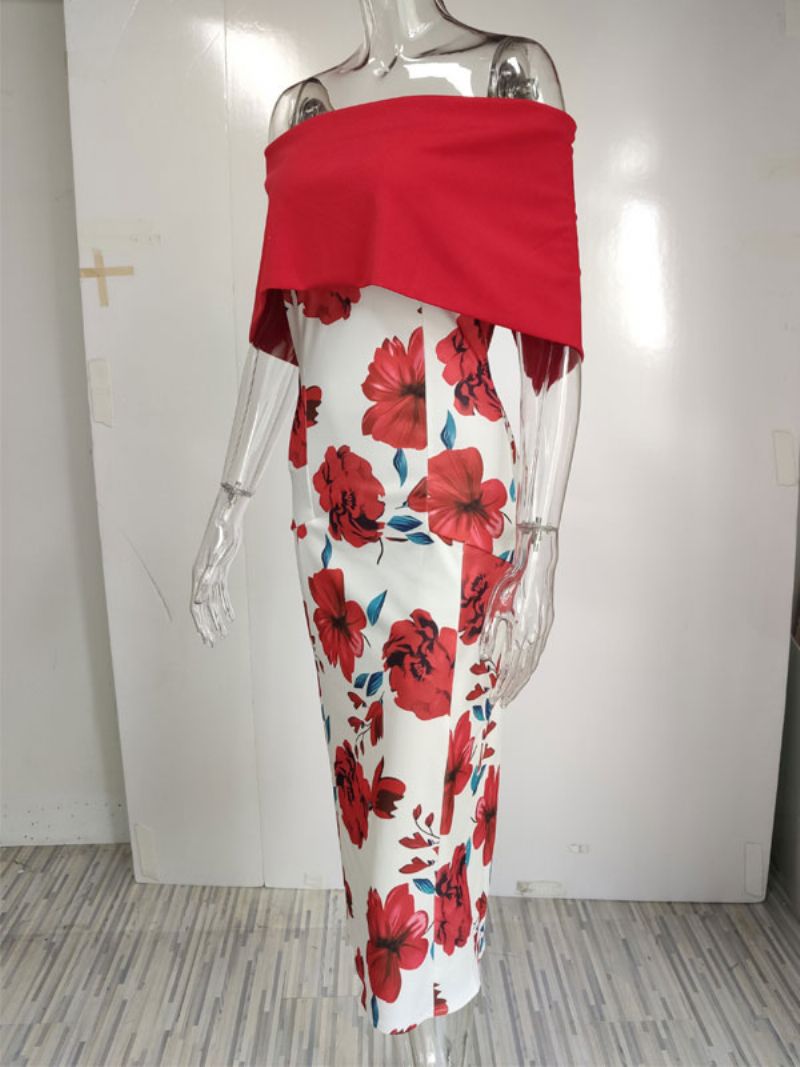 Kvinder Bodycon Kjole Blomstertryk Rød Bateau Hals Lynlås Lagdelt Sexy Kortærmede Pencil Wrap Kjoler - Rød