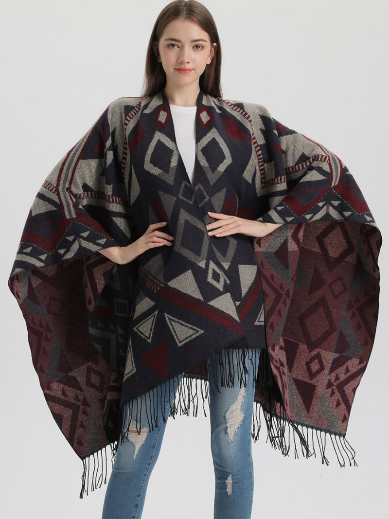 Kvinder Cape Geometrisk Med Frynser Oversized Efterår Vinter Poncho