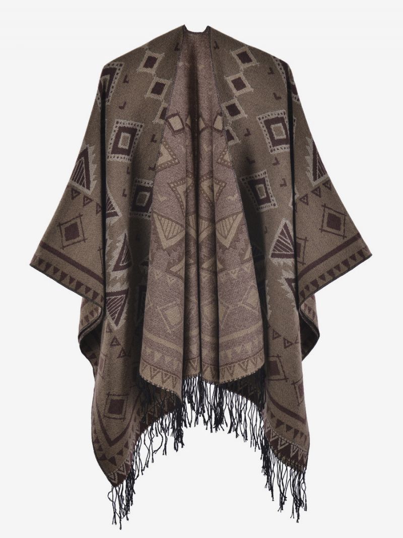 Kvinder Cape Geometrisk Med Frynser Oversized Efterår Vinter Poncho - Khaki