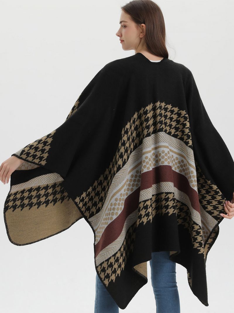 Kvinder Cape Plaid Color Block Daglig Casual Efterår Vinter Poncho - Sort