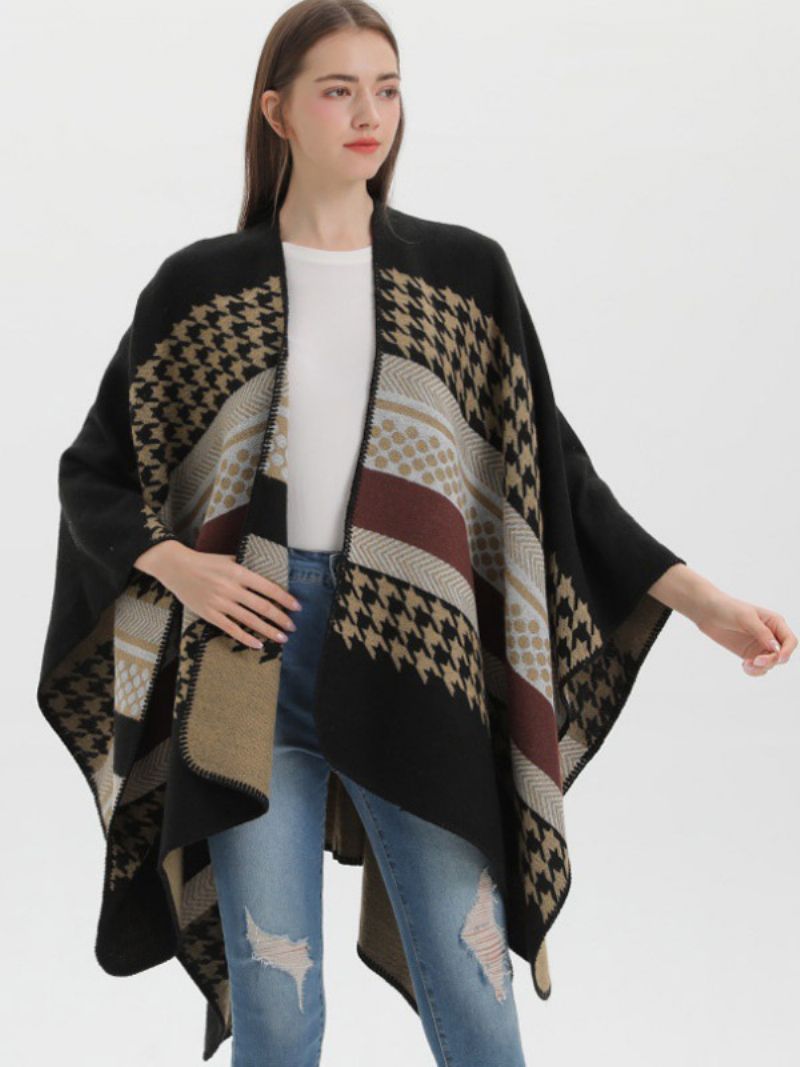 Kvinder Cape Plaid Color Block Daglig Casual Efterår Vinter Poncho - Sort