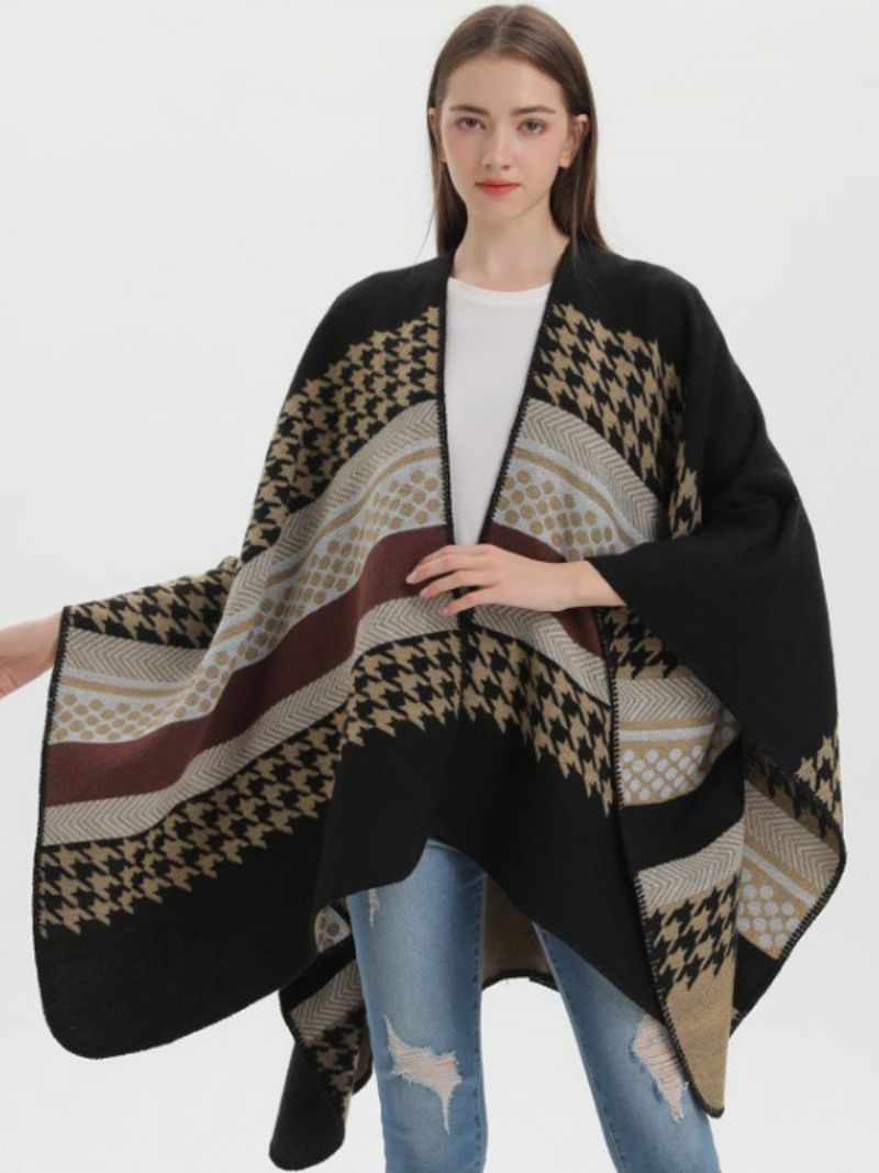 Kvinder Cape Plaid Color Block Daglig Casual Efterår Vinter Poncho - Sort