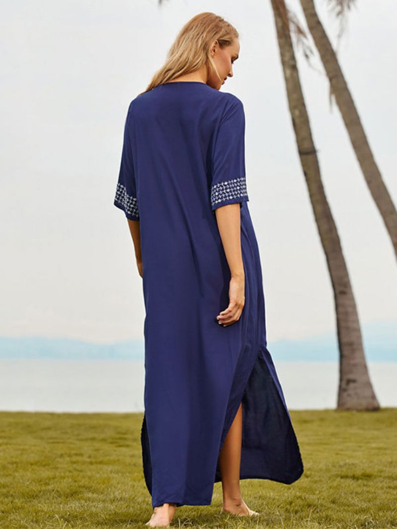 Kvinder Cover Ups Dark Navy Color Block Broderet V-hals 3/4-længde Ærmer Oversized Sommer Sexet Badetøj - Mørk Navy