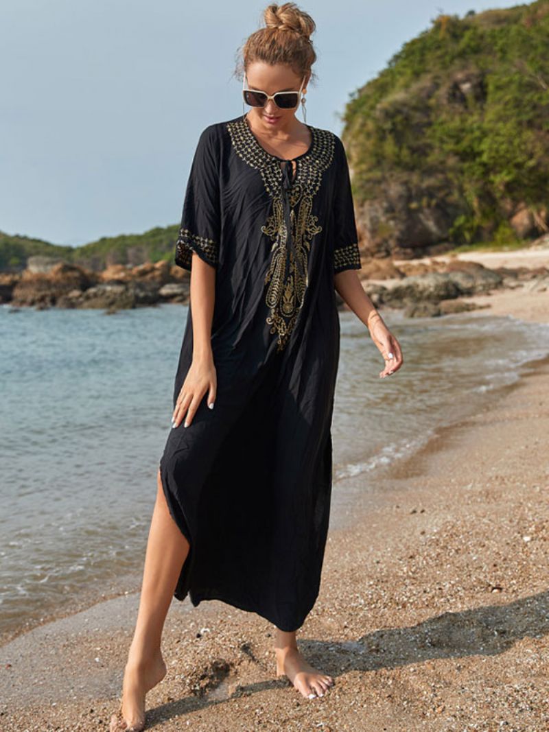 Kvinder Cover Ups Dark Navy Color Block Broderet V-hals 3/4-længde Ærmer Oversized Sommer Sexet Badetøj - Sort