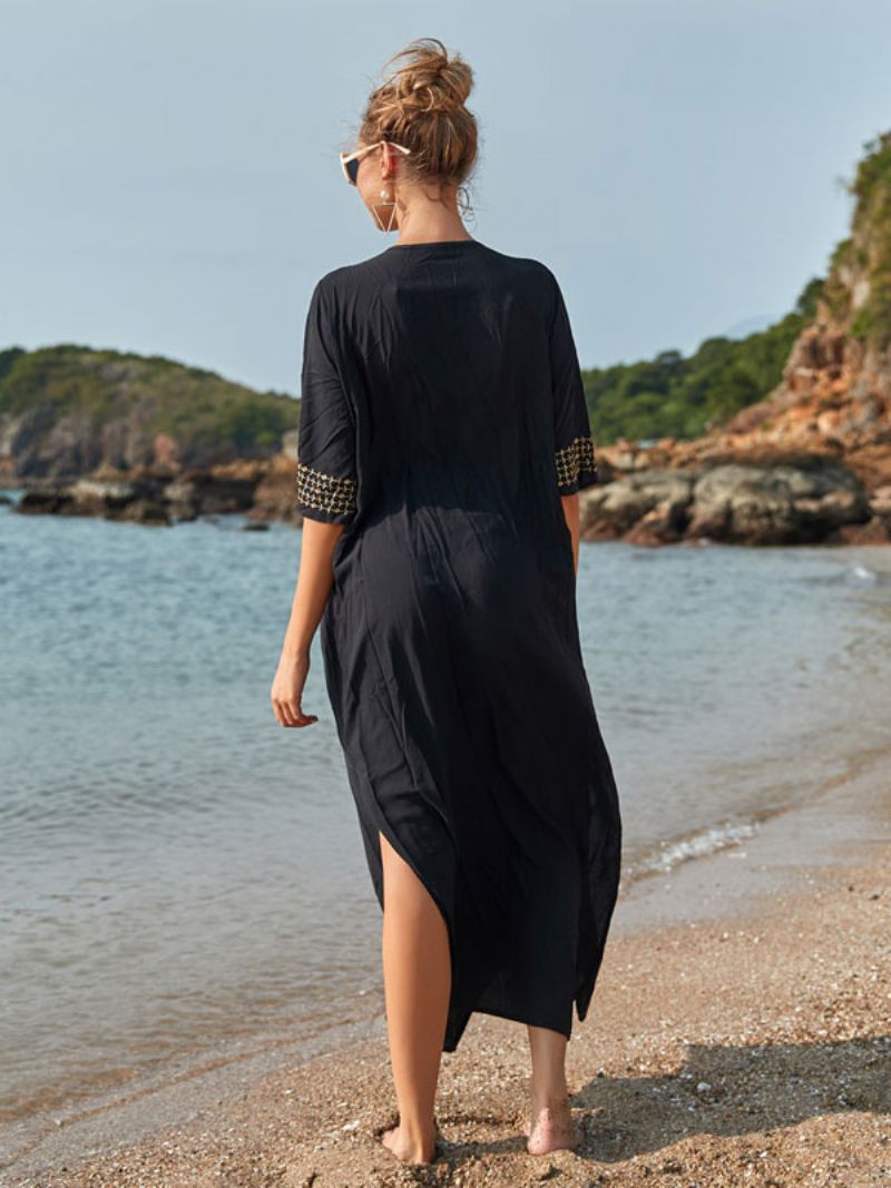 Kvinder Cover Ups Dark Navy Color Block Broderet V-hals 3/4-længde Ærmer Oversized Sommer Sexet Badetøj - Sort