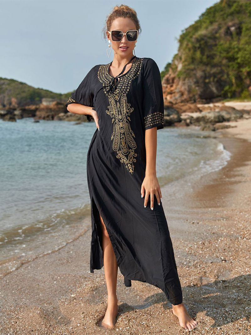 Kvinder Cover Ups Dark Navy Color Block Broderet V-hals 3/4-længde Ærmer Oversized Sommer Sexet Badetøj - Sort