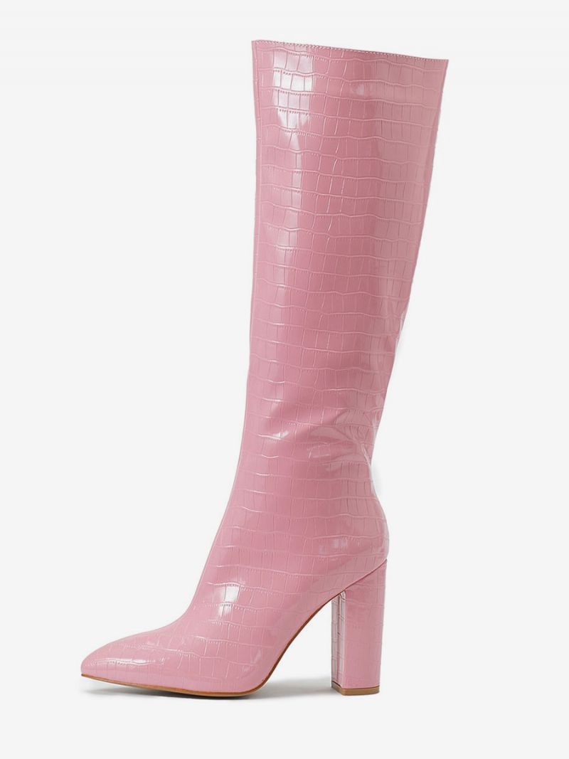 Kvinder Croc Prægede Chunky Heel Knæhøje Støvler - Pink