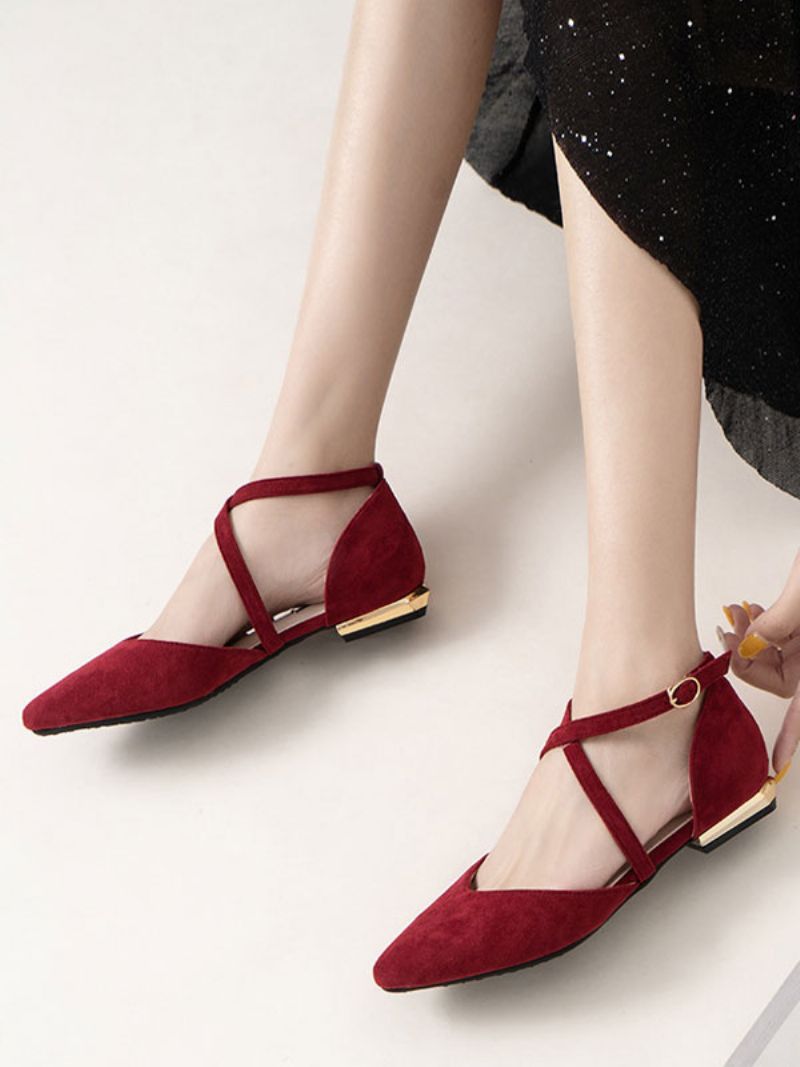 Kvinder Flade Sko Burgundy Spidse Tå Criss-cross Ankelrem Ballerina Flats - Burgunder