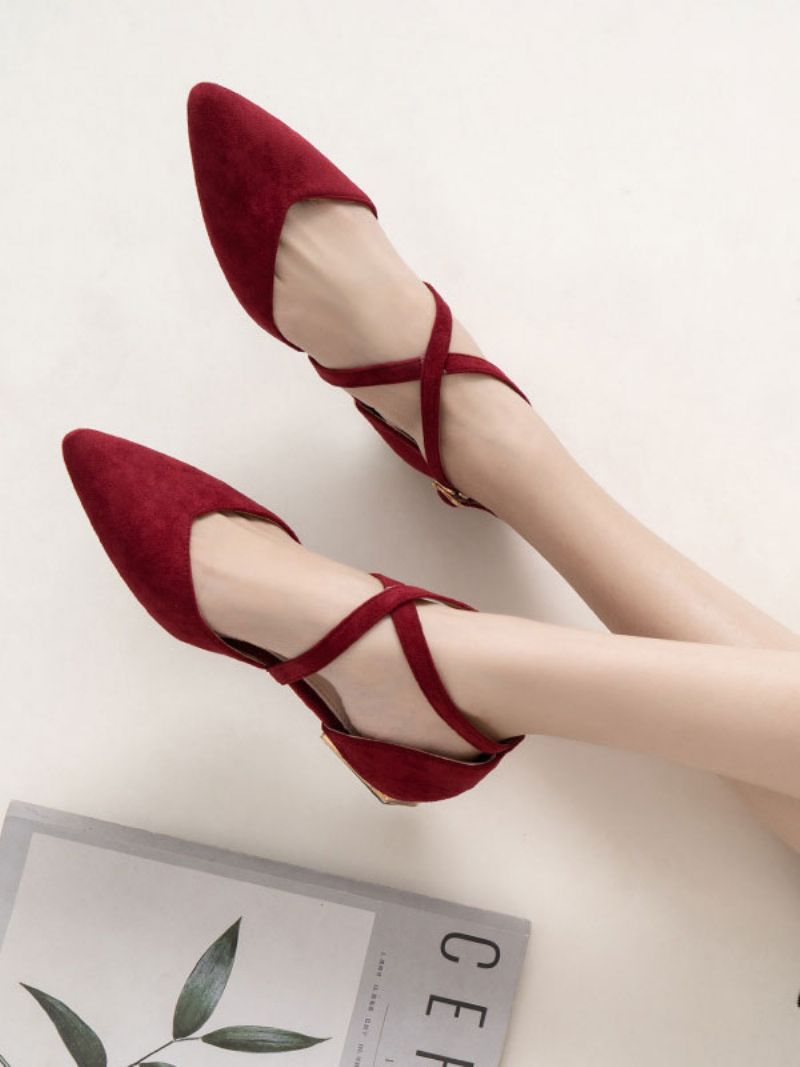 Kvinder Flade Sko Burgundy Spidse Tå Criss-cross Ankelrem Ballerina Flats - Burgunder