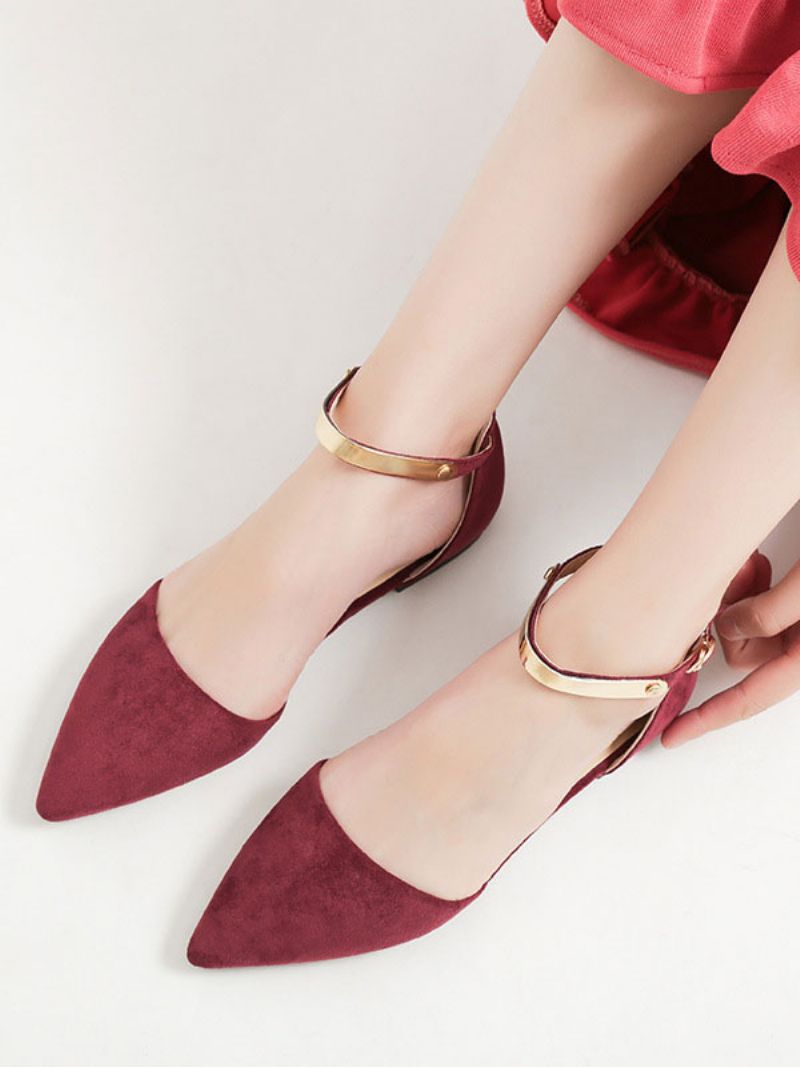 Kvinder Flade Sko Burgundy Spidstå Lukket-ryg Metaldetaljer Ankelstrop Ballerina Flats